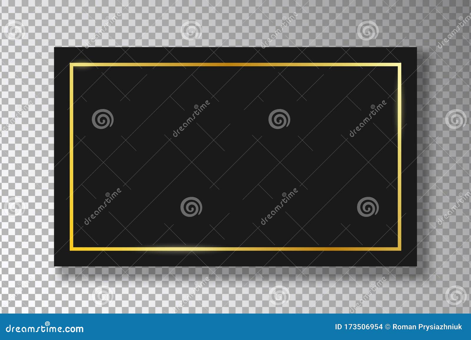 golden frame on black plate  on transparent background with shadow. gold border with glow shine on black rectangle. 
